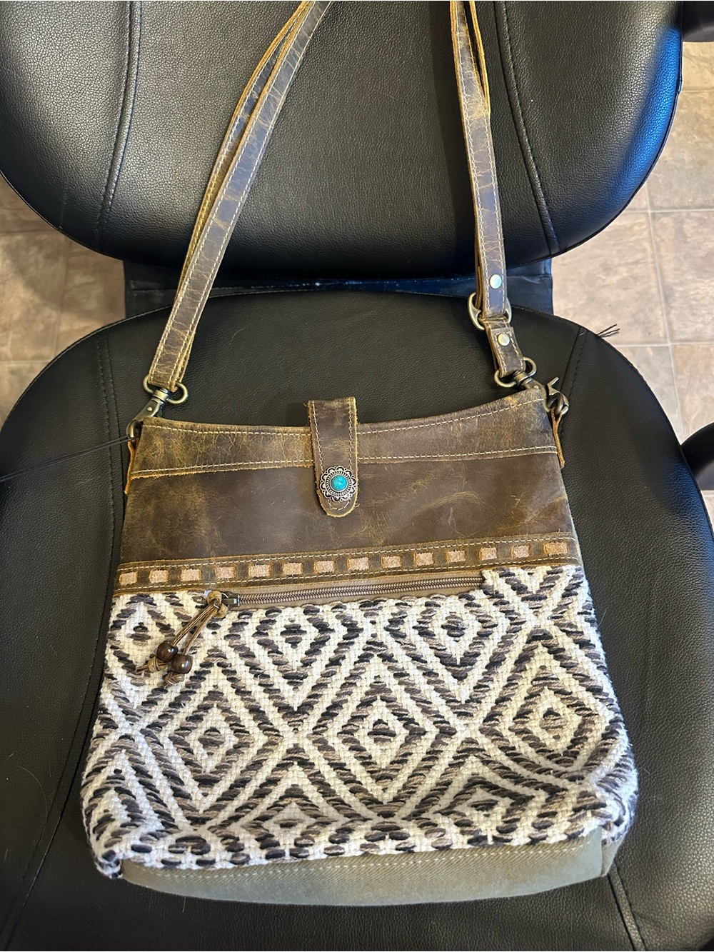 Myra Bag Brown Leather & Black-White Woven Crossbody with Turquoise Accent